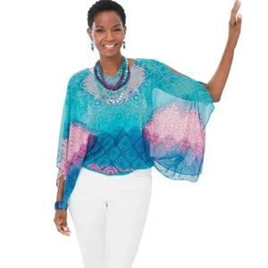 Chico's Blue Pink Majestic Wash Mesh Cutout Sleeve Exotic Print Blouse Size XL